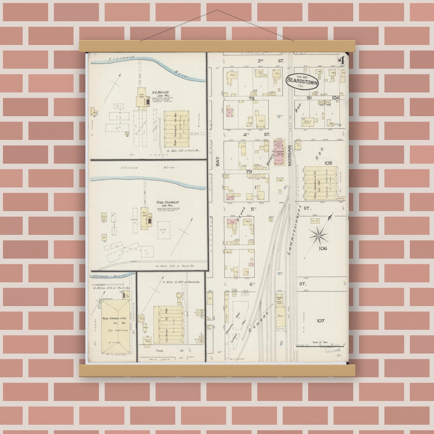 Old map wall art mockup — magnetic wood frame on brick wall — Sanborn Fire Insurance Map from Beardstown, Cass County, Illinois (1887), Sheet #0004