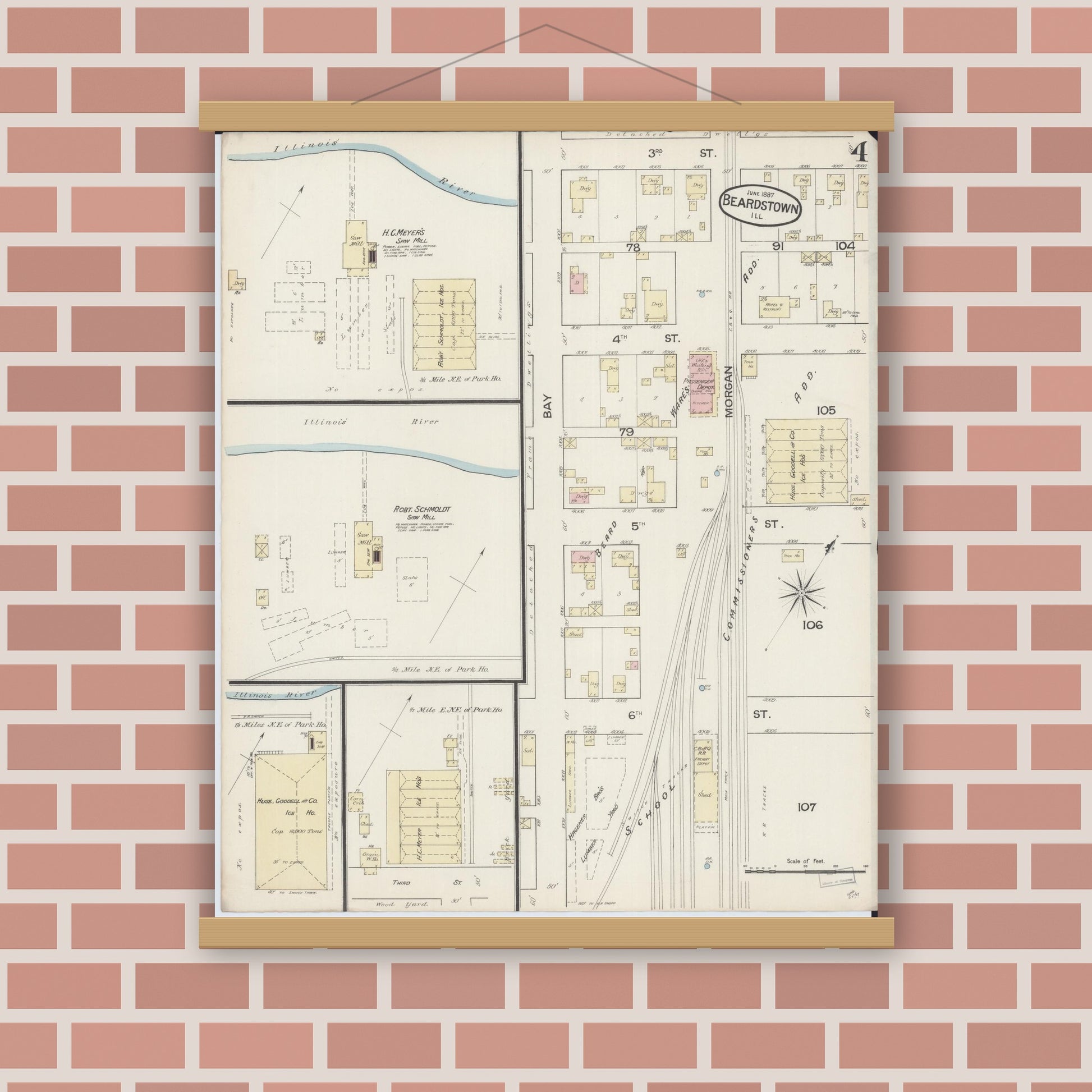 Old map wall art mockup — magnetic wood frame on brick wall — Sanborn Fire Insurance Map from Beardstown, Cass County, Illinois (1887), Sheet #0004