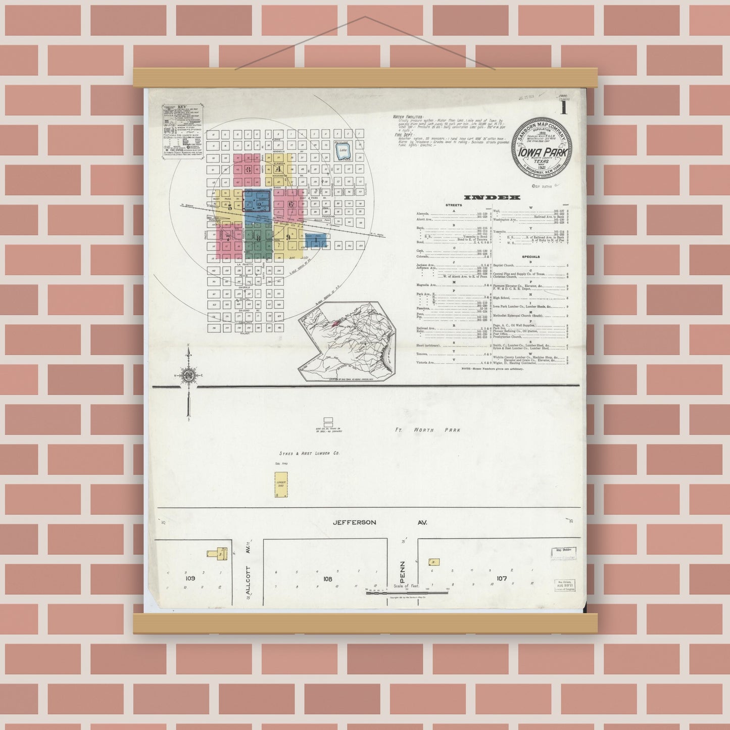 Old map wall art mockup — magnetic wood frame on brick wall — Sanborn Fire Insurance Map from Iowa Park, Wichita County, Texas (1921) â€” Complete Set
