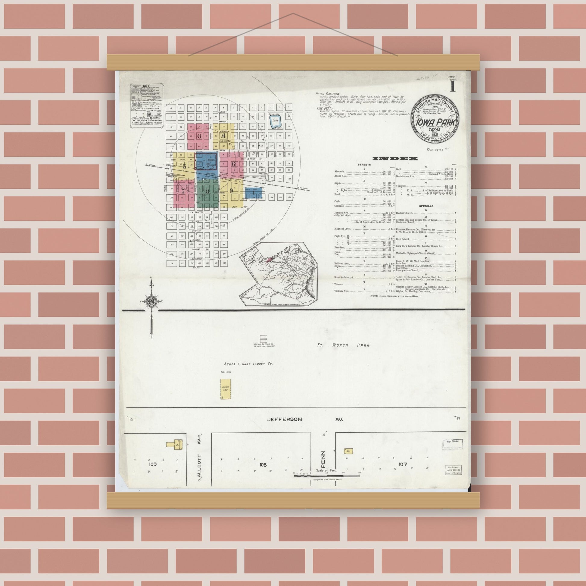 Old map wall art mockup — magnetic wood frame on brick wall — Sanborn Fire Insurance Map from Iowa Park, Wichita County, Texas (1921) â€” Complete Set