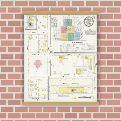 Old map wall art mockup — magnetic wood frame on brick wall — Sanborn Fire Insurance Map from Taylor, Williamson County, Texas (1898), Sheet #0001