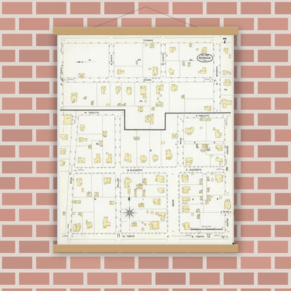 Old map wall art mockup — magnetic wood frame on brick wall — Sanborn Fire Insurance Map from Bonham, Fannin County, Texas (1909), Sheet #0007