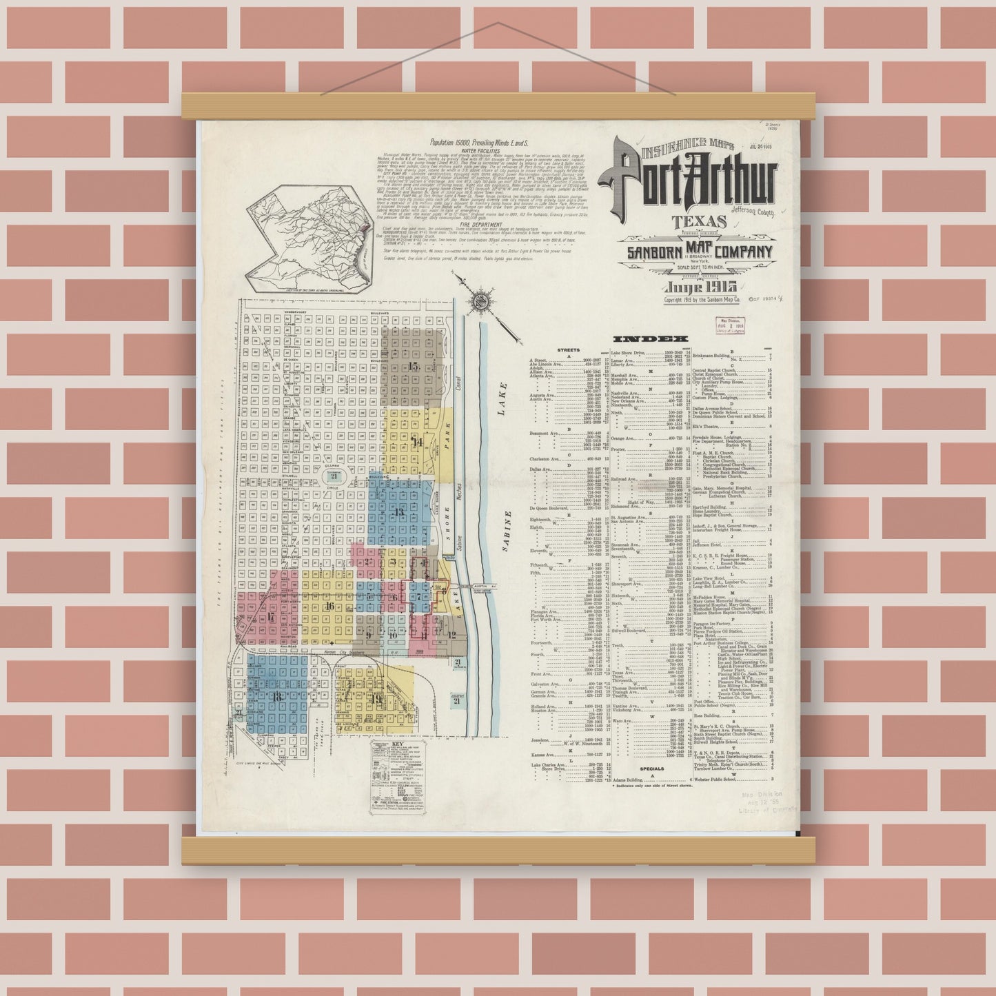 Old map wall art mockup — magnetic wood frame on brick wall — Sanborn Fire Insurance Map from Port Arthur, Jefferson County, Texas (1915) - Complete Map Set