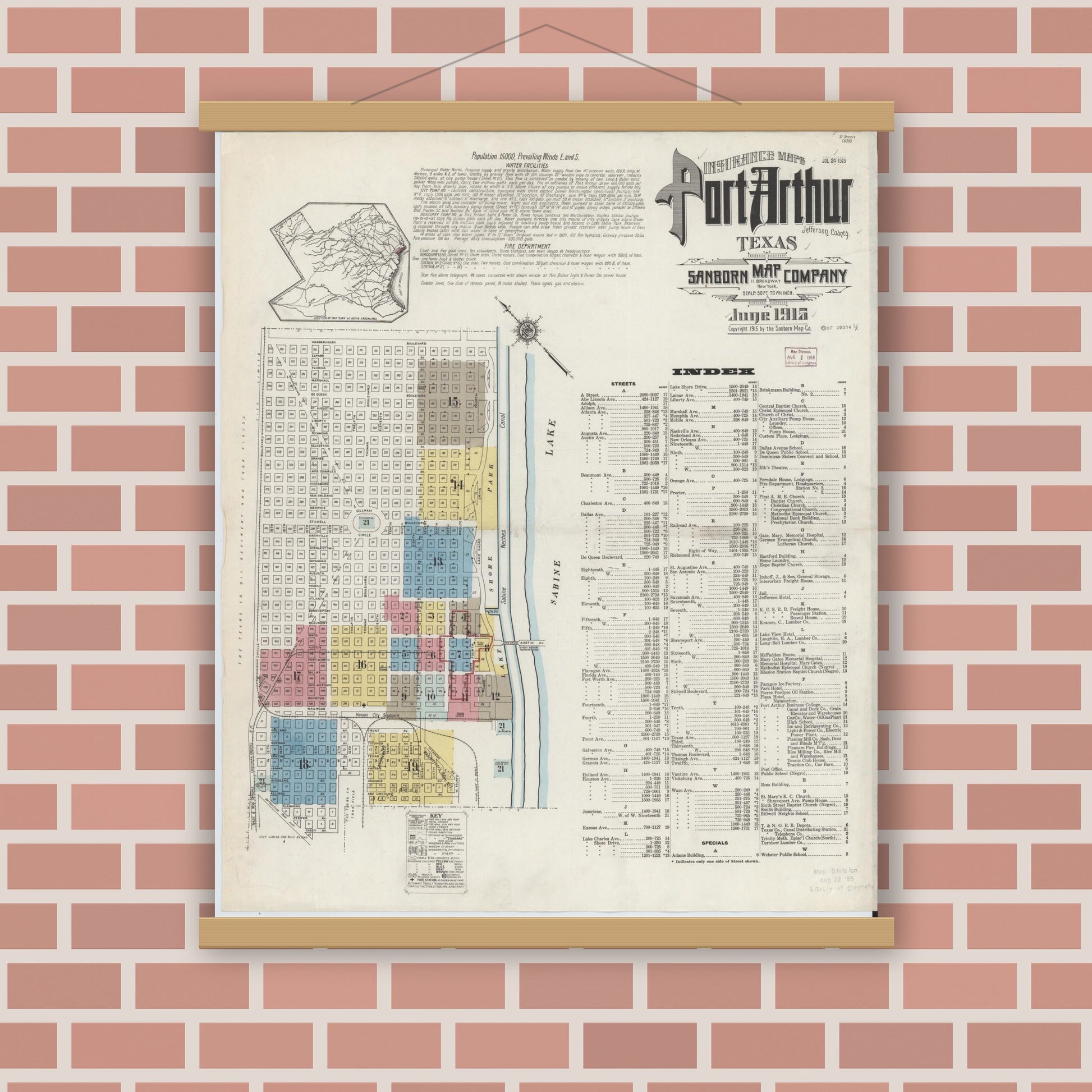 Old map wall art mockup — magnetic wood frame on brick wall — Sanborn Fire Insurance Map from Port Arthur, Jefferson County, Texas (1915) - Complete Map Set