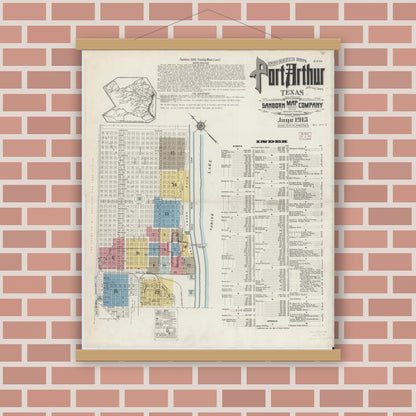 Old map wall art mockup — magnetic wood frame on brick wall — Sanborn Fire Insurance Map from Port Arthur, Jefferson County, Texas (1915) - Complete Map Set