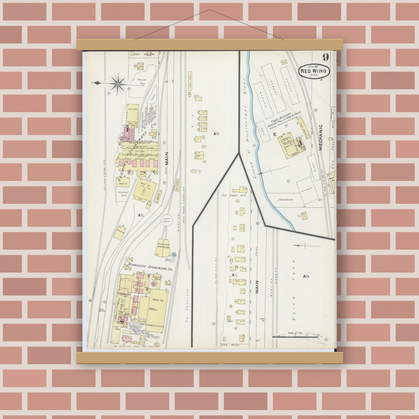 Old map wall art mockup — magnetic wood frame on brick wall — Sanborn Fire Insurance Map from Red Wing, Goodhue County, Minnesota (1891), Sheet #0009