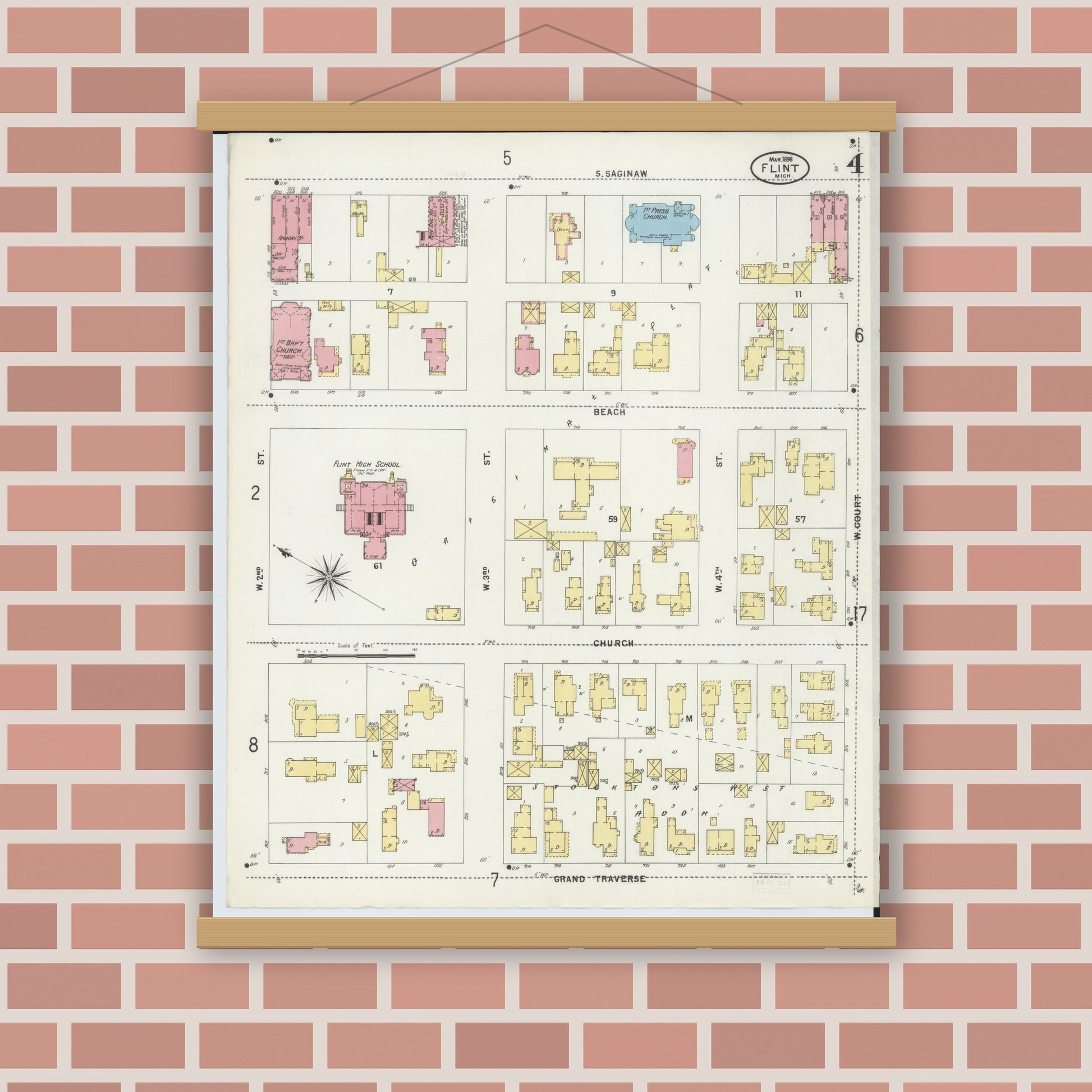 Old map wall art mockup — magnetic wood frame on brick wall — Sanborn Fire Insurance Map from Flint, Genesee County, Michigan (1898), Sheet #0004