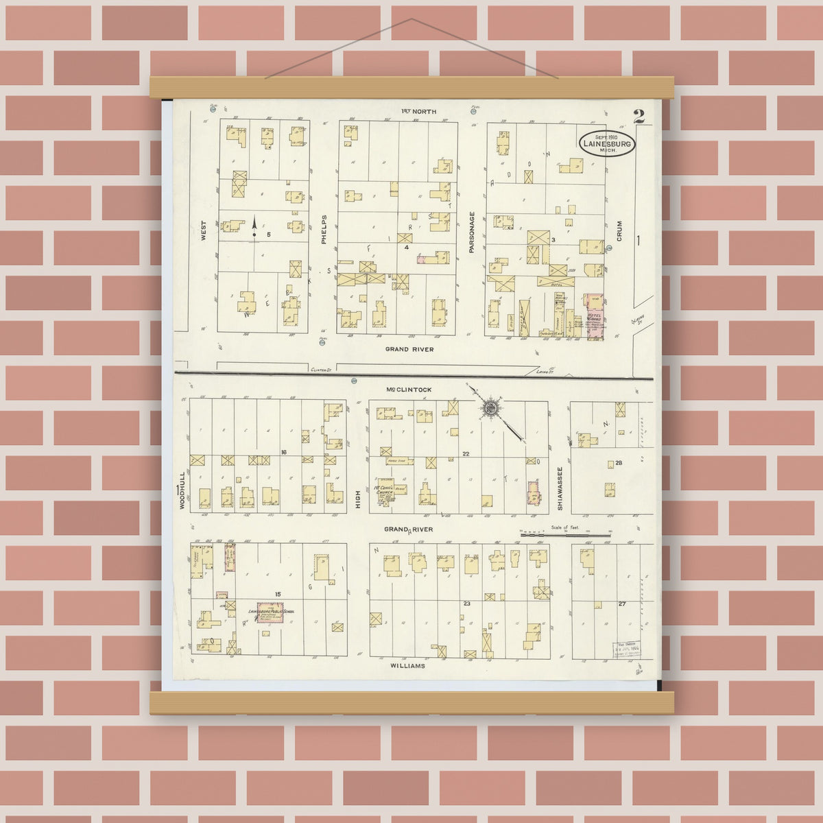Old map wall art mockup — magnetic wood frame on brick wall — Sanborn Fire Insurance Map from Laingsburg, Shiawassee County, Michigan (1910), Sheet #0002
