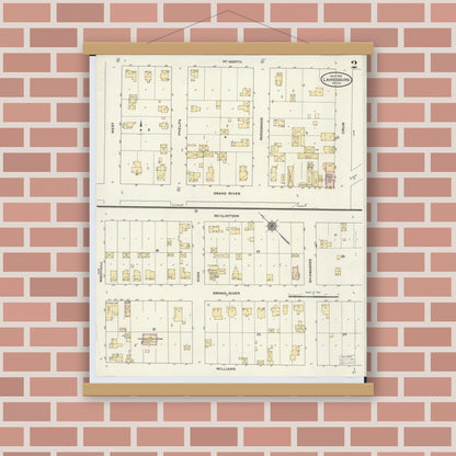 Old map wall art mockup — magnetic wood frame on brick wall — Sanborn Fire Insurance Map from Laingsburg, Shiawassee County, Michigan (1910), Sheet #0002