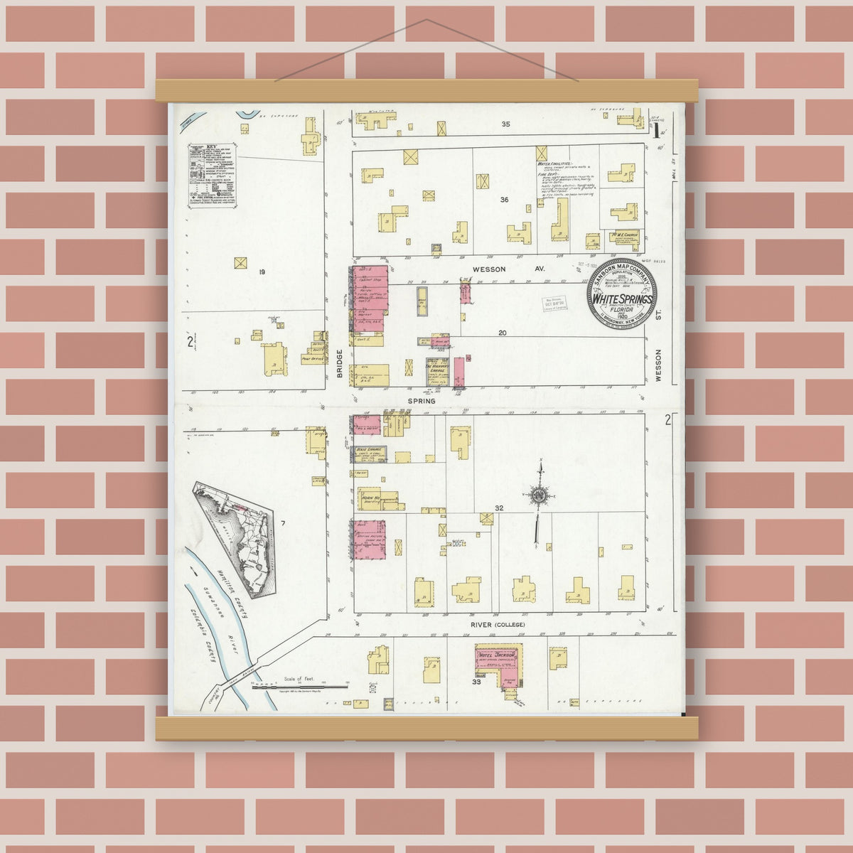 Old map wall art mockup — magnetic wood frame on brick wall — Sanborn Fire Insurance Map from White Springs, Hamilton County, Florida (1920), Sheet #0001