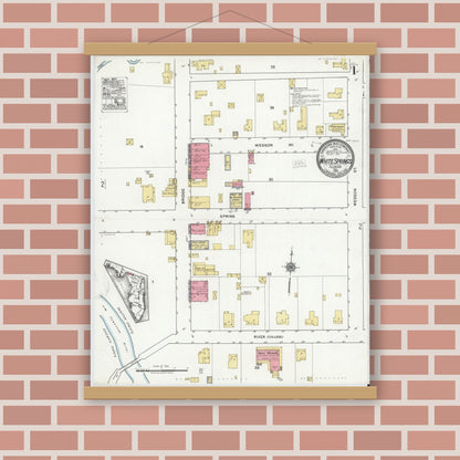 Old map wall art mockup — magnetic wood frame on brick wall — Sanborn Fire Insurance Map from White Springs, Hamilton County, Florida (1920), Sheet #0001