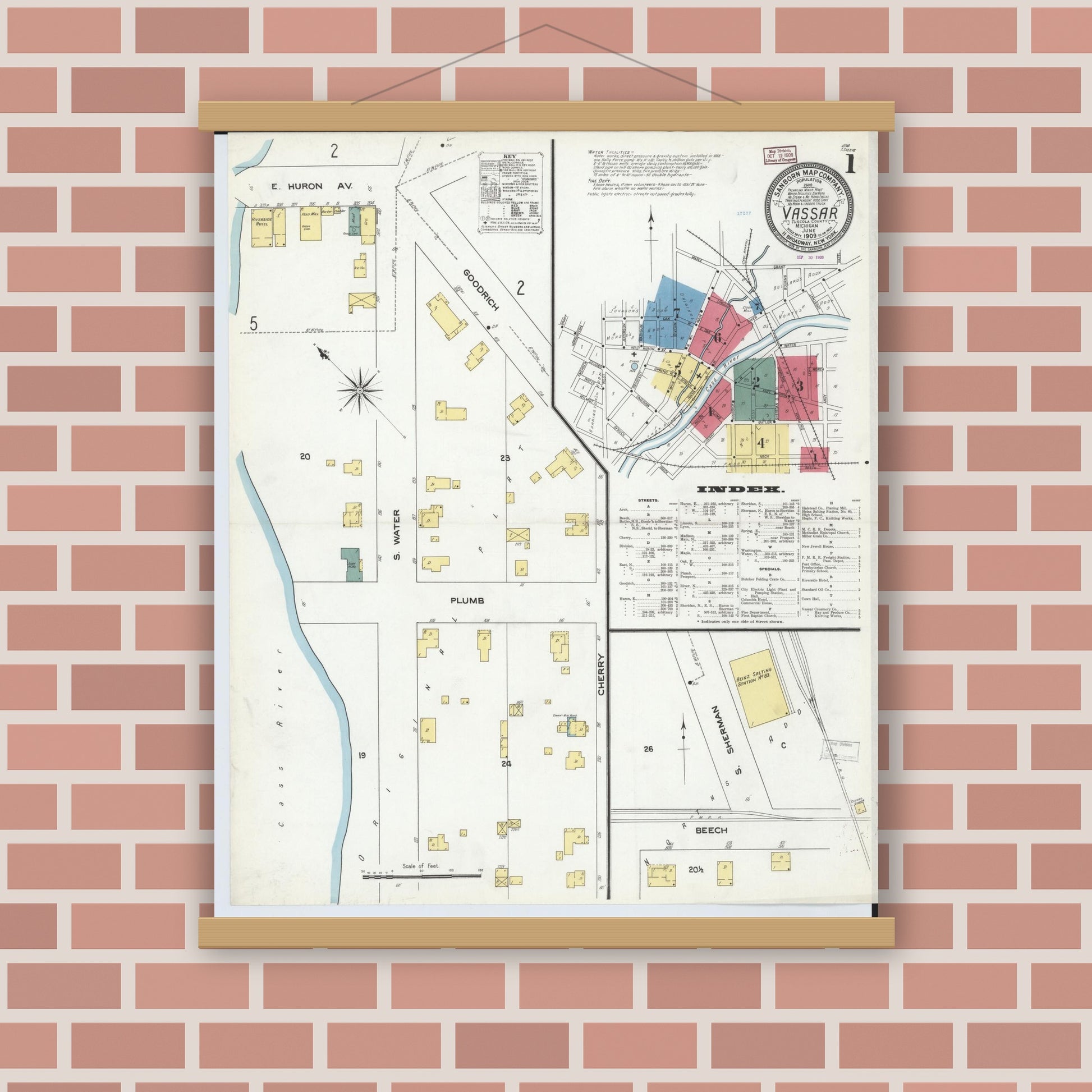 Old map wall art mockup — magnetic wood frame on brick wall — Sanborn Fire Insurance Map from Vassar, Tuscola County, Michigan (1909) - Complete Map Set
