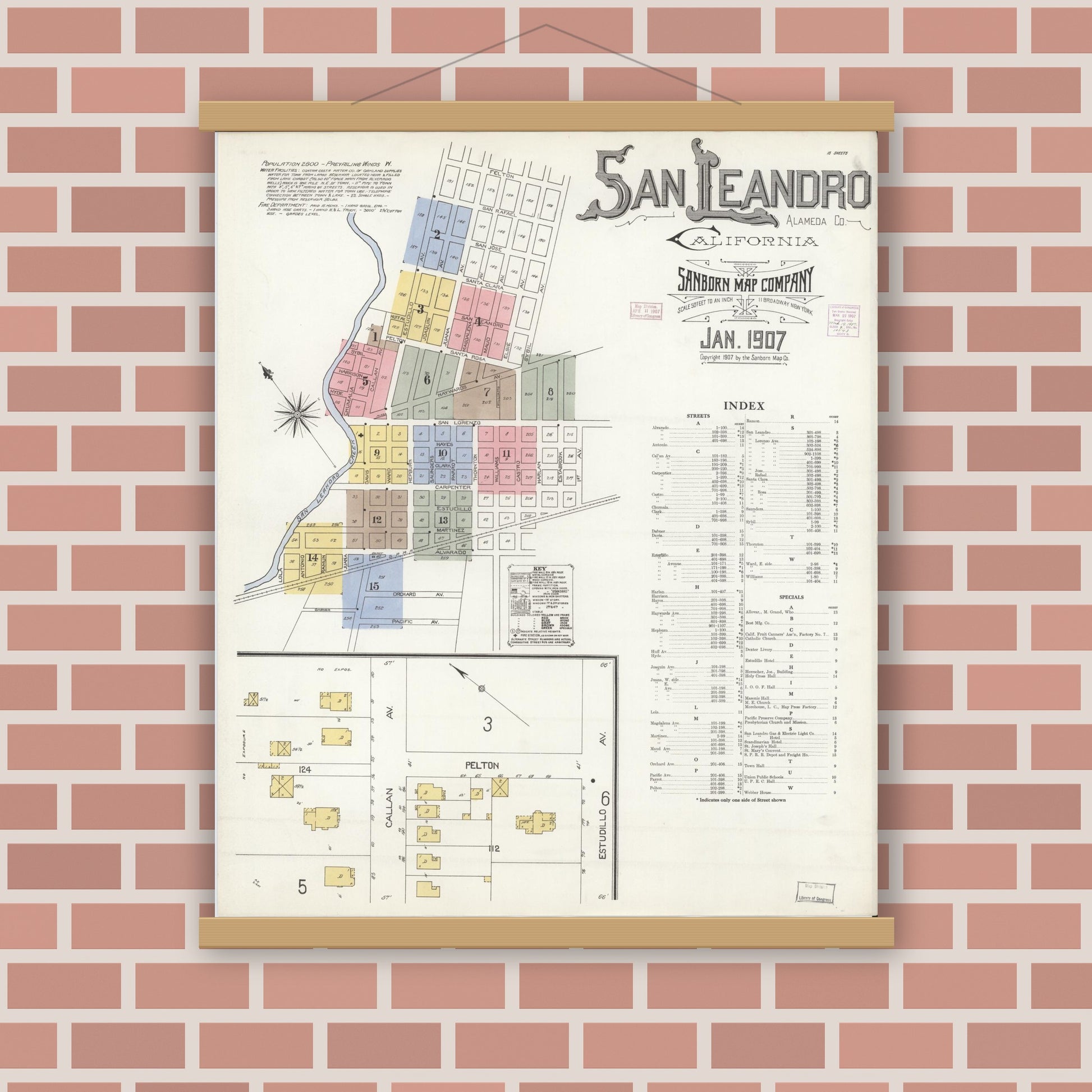 Old map wall art mockup — magnetic wood frame on brick wall — Sanborn Fire Insurance Map from San Leandro, Alameda County, California (1907) - Complete Map Set
