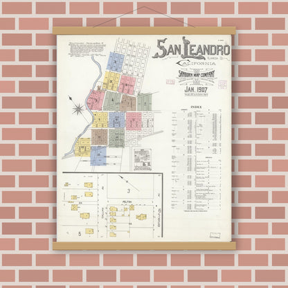 Old map wall art mockup — magnetic wood frame on brick wall — Sanborn Fire Insurance Map from San Leandro, Alameda County, California (1907) - Complete Map Set