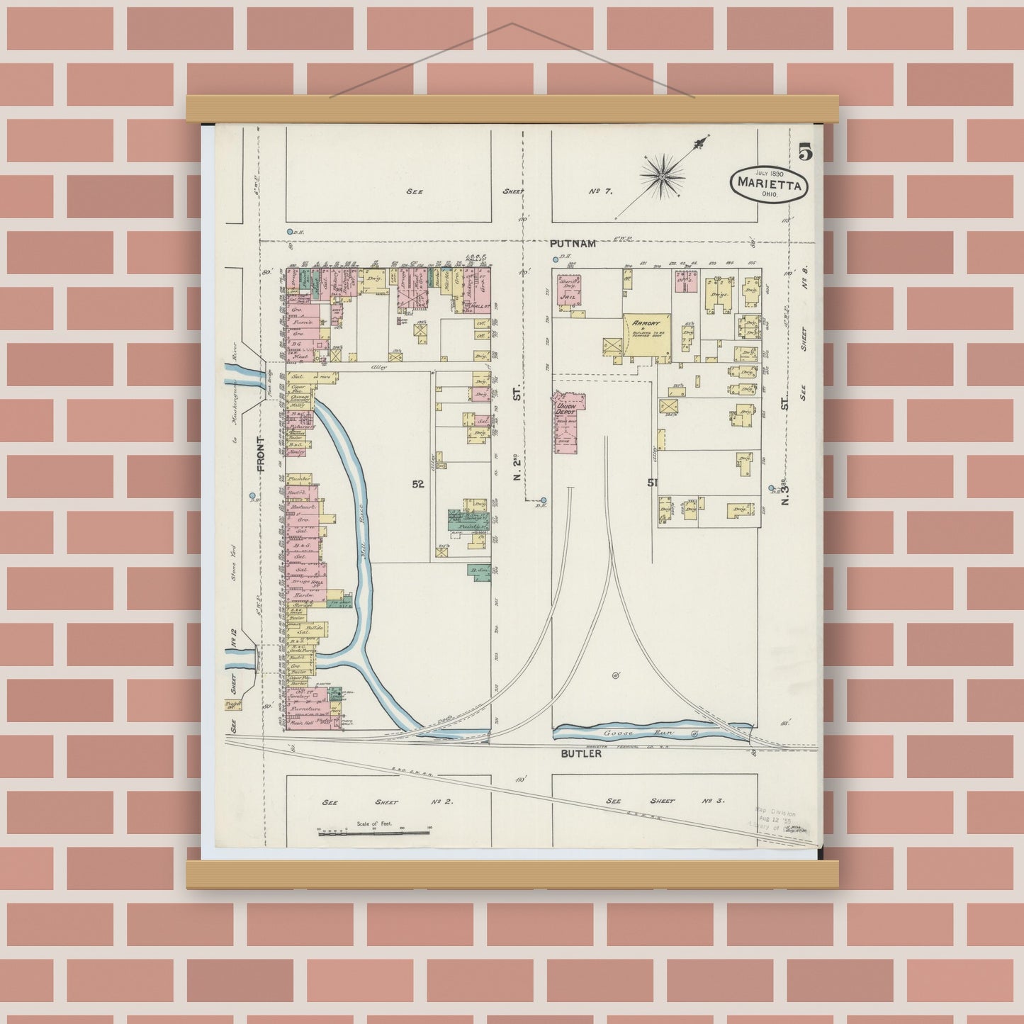 Old map wall art mockup — magnetic wood frame on brick wall — Sanborn Fire Insurance Map from Marietta, Washington County, Ohio (1890), Sheet #0005