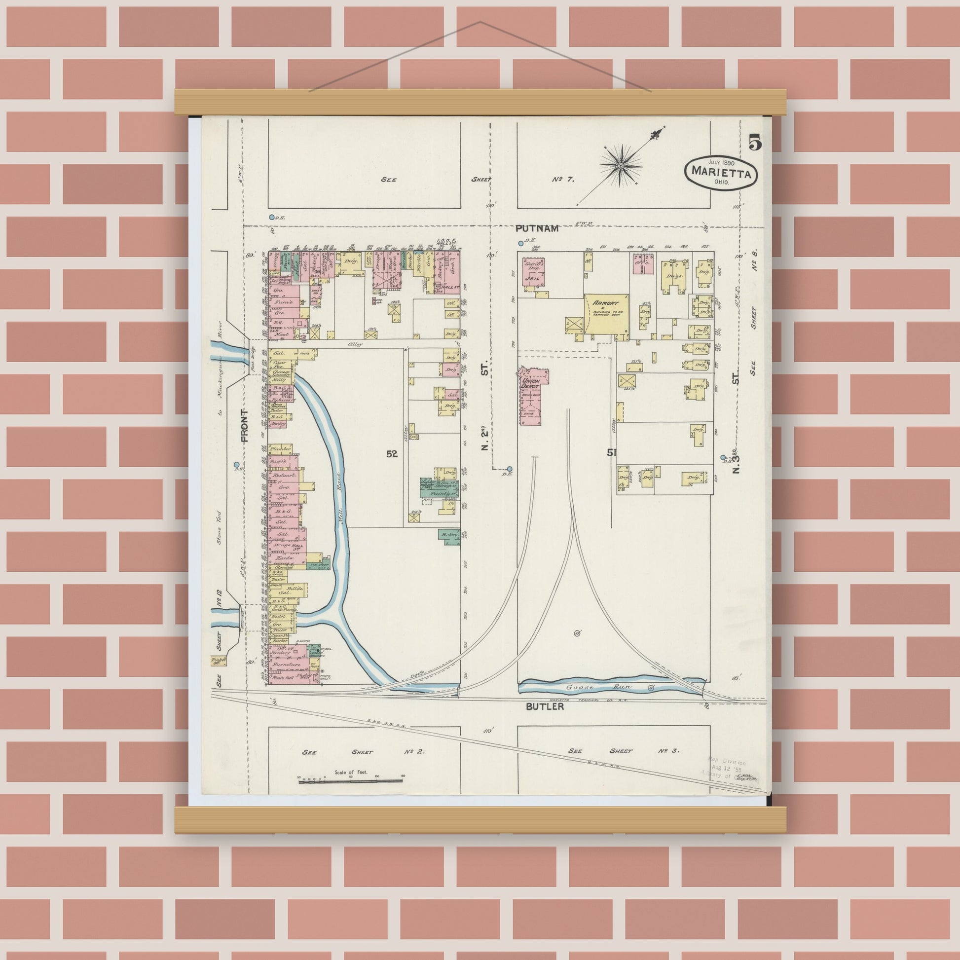 Old map wall art mockup — magnetic wood frame on brick wall — Sanborn Fire Insurance Map from Marietta, Washington County, Ohio (1890), Sheet #0005