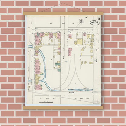 Old map wall art mockup — magnetic wood frame on brick wall — Sanborn Fire Insurance Map from Marietta, Washington County, Ohio (1890), Sheet #0005