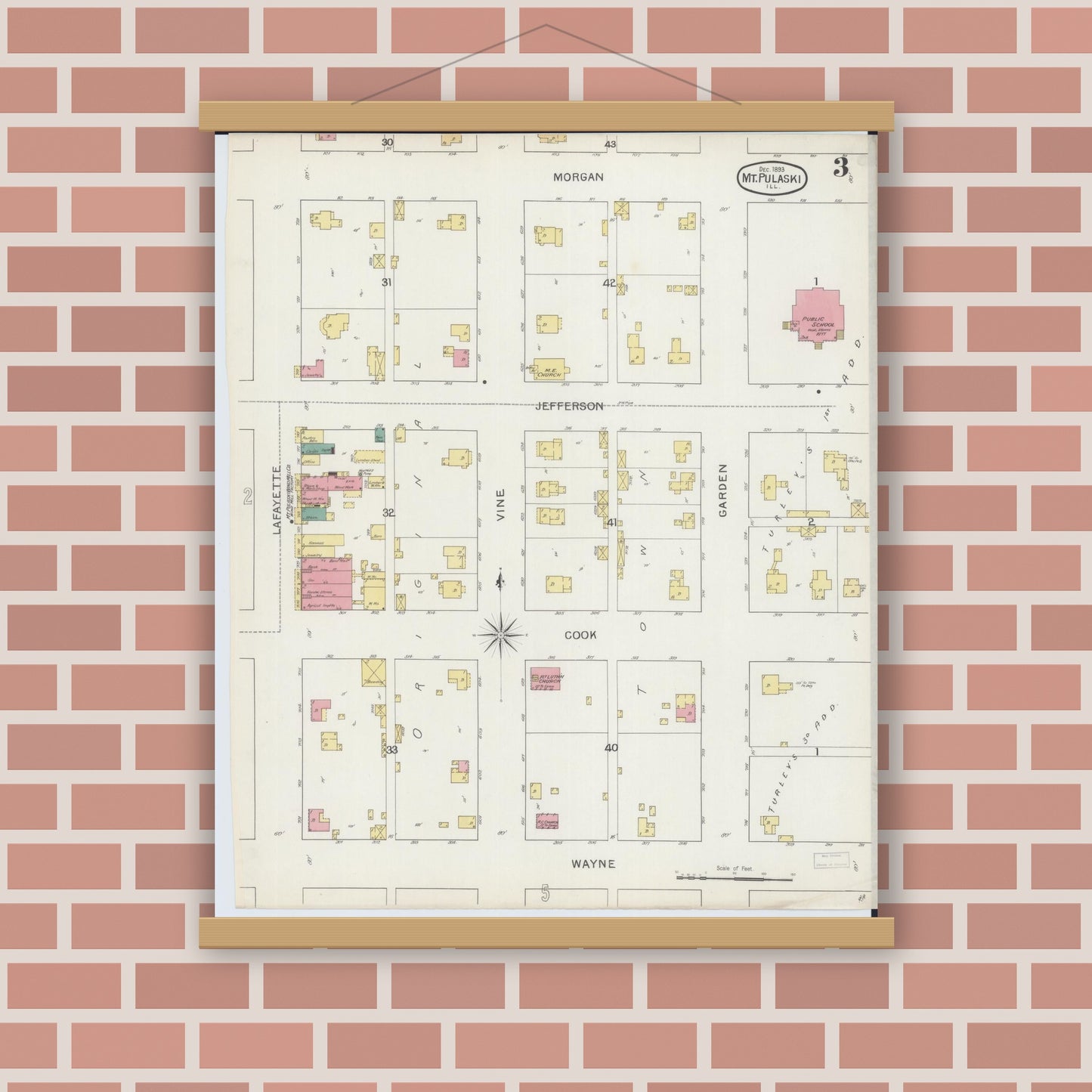 Old map wall art mockup — magnetic wood frame on brick wall — Sanborn Fire Insurance Map from Mount Pulaski, Logan County, Illinois (1893), Sheet #0003