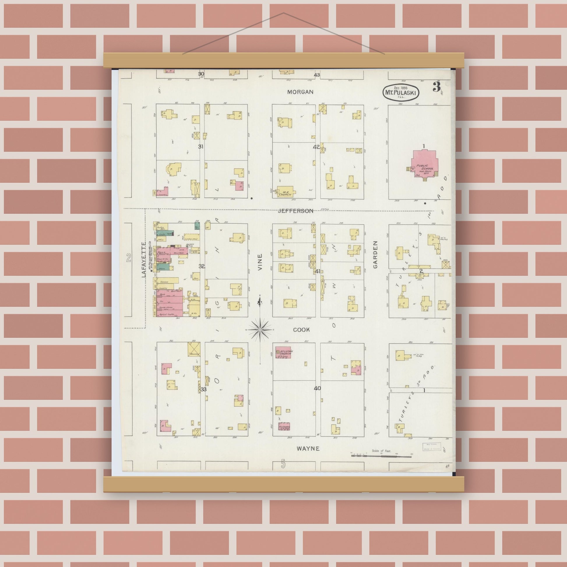 Old map wall art mockup — magnetic wood frame on brick wall — Sanborn Fire Insurance Map from Mount Pulaski, Logan County, Illinois (1893), Sheet #0003
