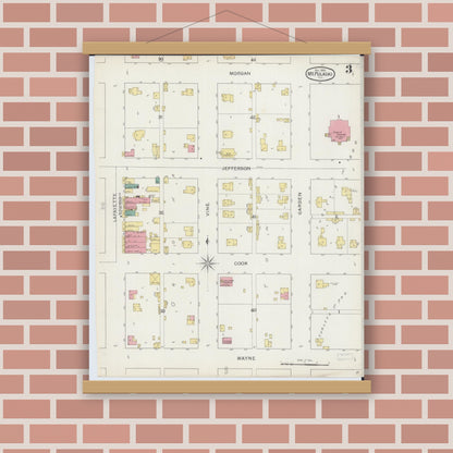 Old map wall art mockup — magnetic wood frame on brick wall — Sanborn Fire Insurance Map from Mount Pulaski, Logan County, Illinois (1893), Sheet #0003