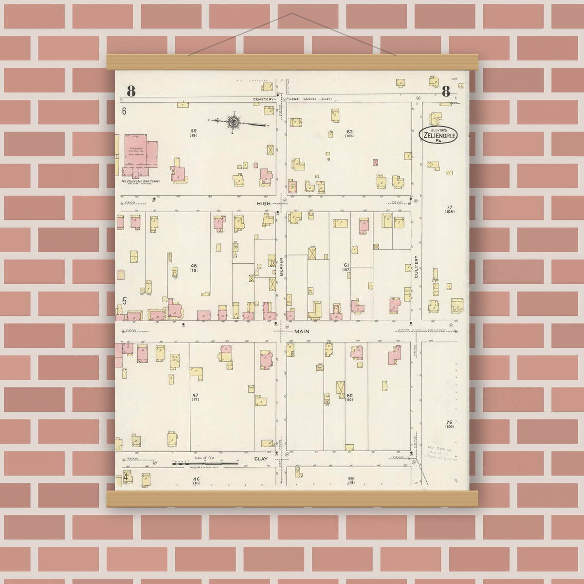 Old map wall art mockup — magnetic wood frame on brick wall — Sanborn Fire Insurance Map from Zelienople, Butler County, Pennsylvania (1925), Sheet #0008