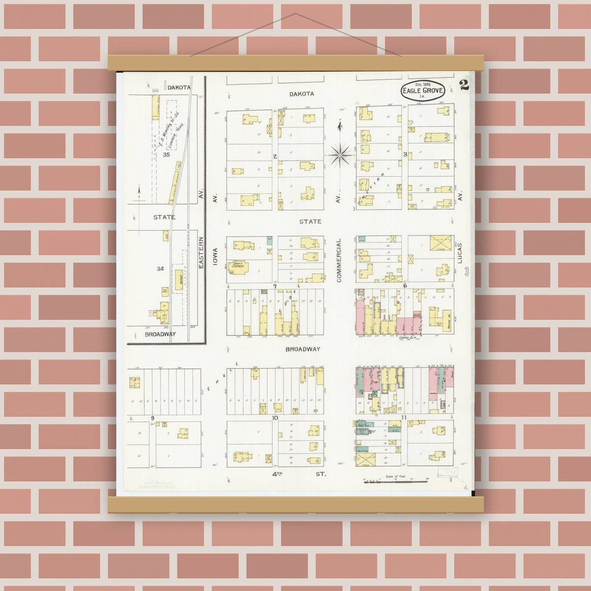 Old map wall art mockup — magnetic wood frame on brick wall — Sanborn Fire Insurance Map from Eagle Grove, Wright County, Iowa (1893), Sheet #0002