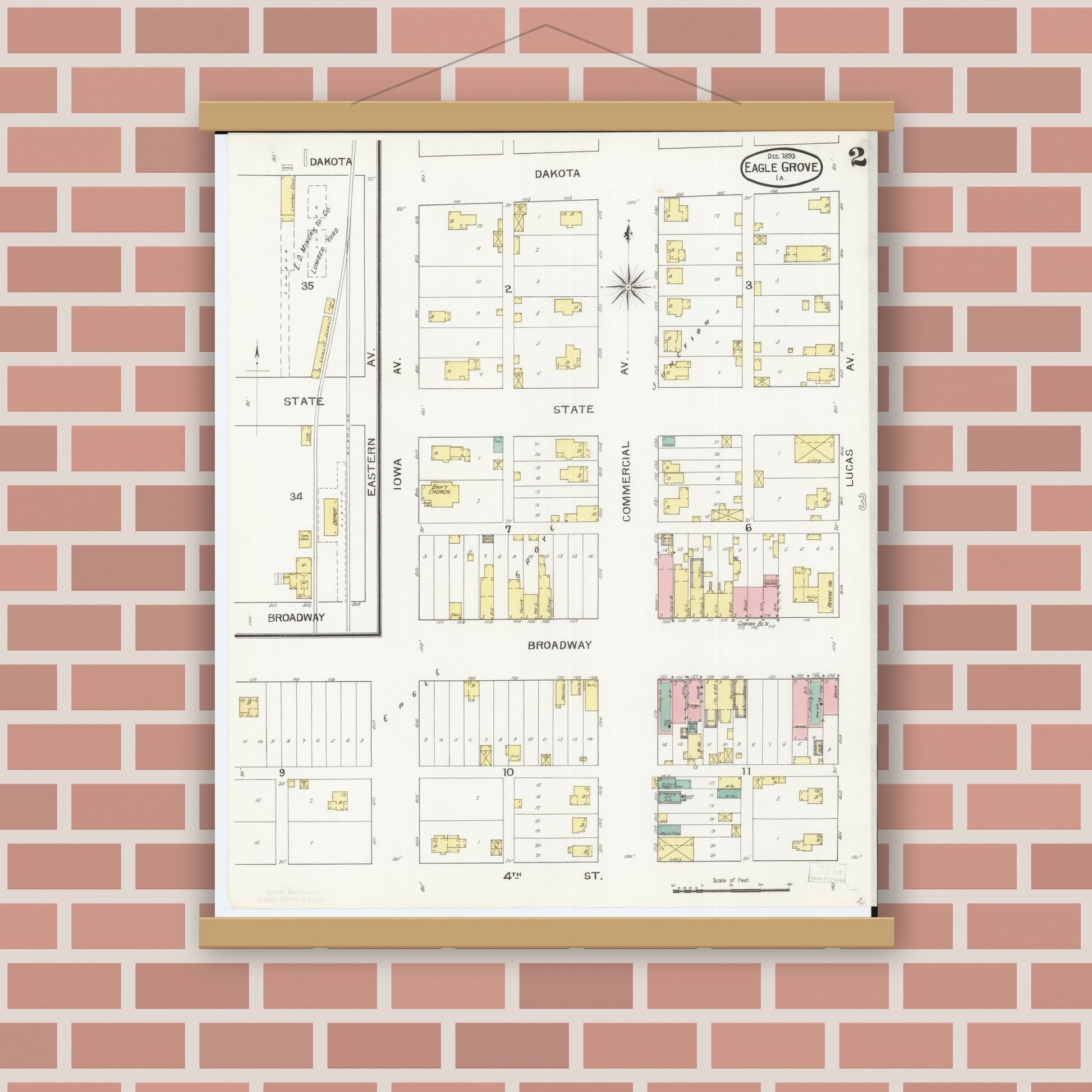 Old map wall art mockup — magnetic wood frame on brick wall — Sanborn Fire Insurance Map from Eagle Grove, Wright County, Iowa (1893), Sheet #0002