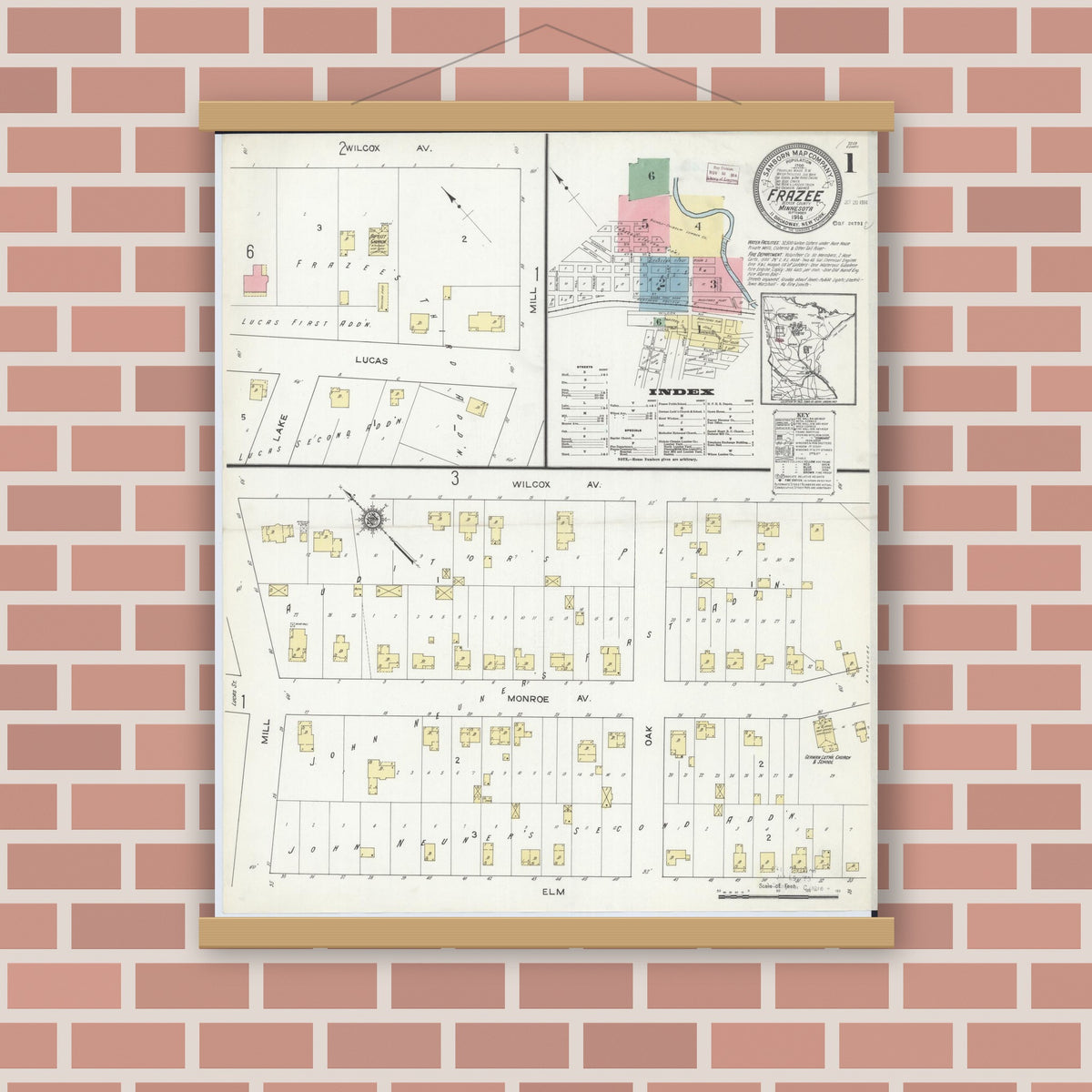 Old map wall art mockup — magnetic wood frame on brick wall — Sanborn Fire Insurance Map from Frazee, Becker County, Minnesota (1914) - Complete Map Set