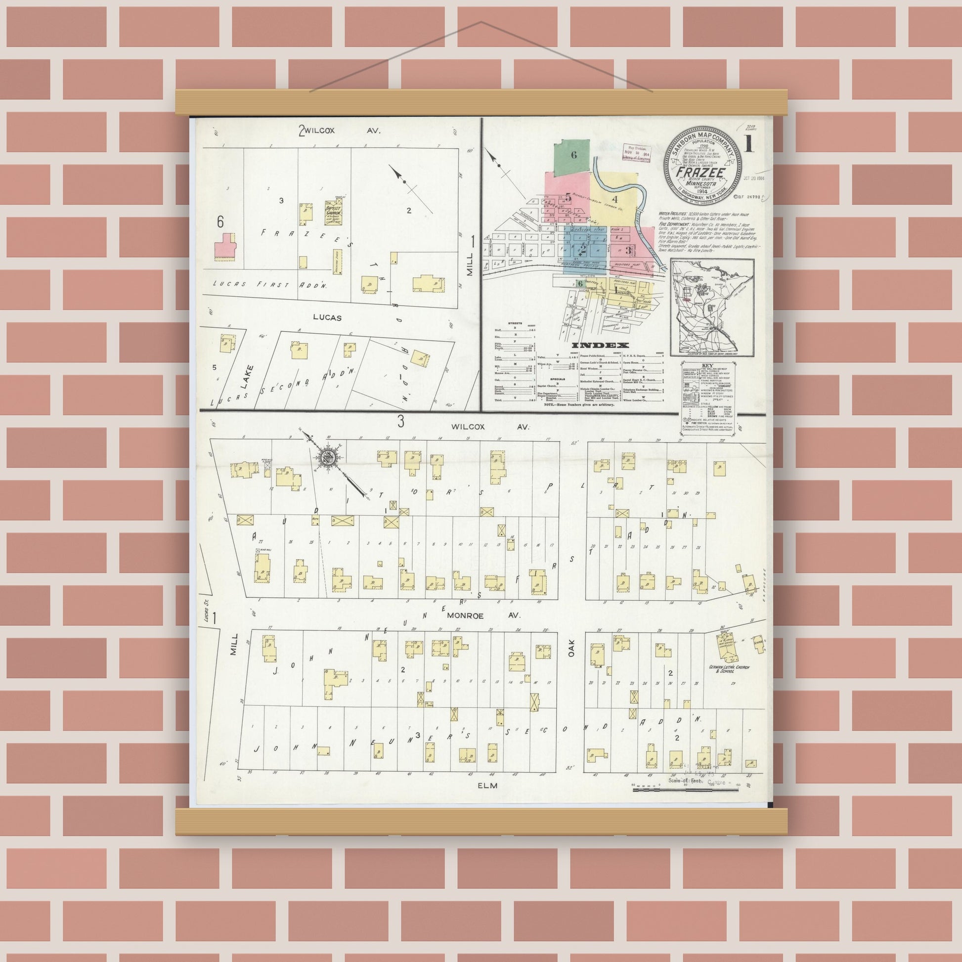 Old map wall art mockup — magnetic wood frame on brick wall — Sanborn Fire Insurance Map from Frazee, Becker County, Minnesota (1914) - Complete Map Set