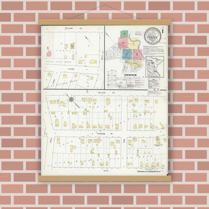 Old map wall art mockup — magnetic wood frame on brick wall — Sanborn Fire Insurance Map from Frazee, Becker County, Minnesota (1914) - Complete Map Set