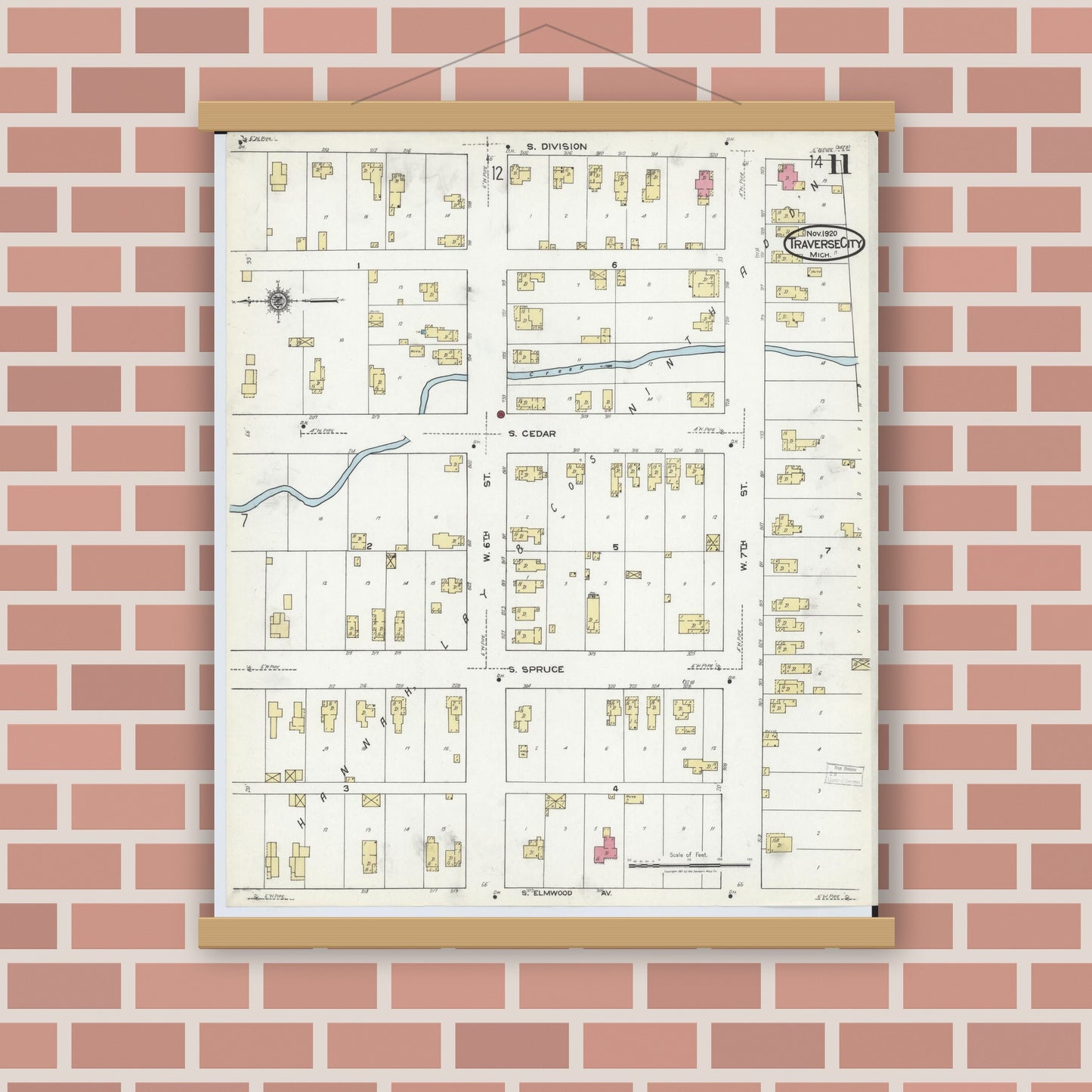 Old map wall art mockup — magnetic wood frame on brick wall — Sanborn Fire Insurance Map from Traverse City, Grand Traverse County, Michigan (1920), Sheet #0011