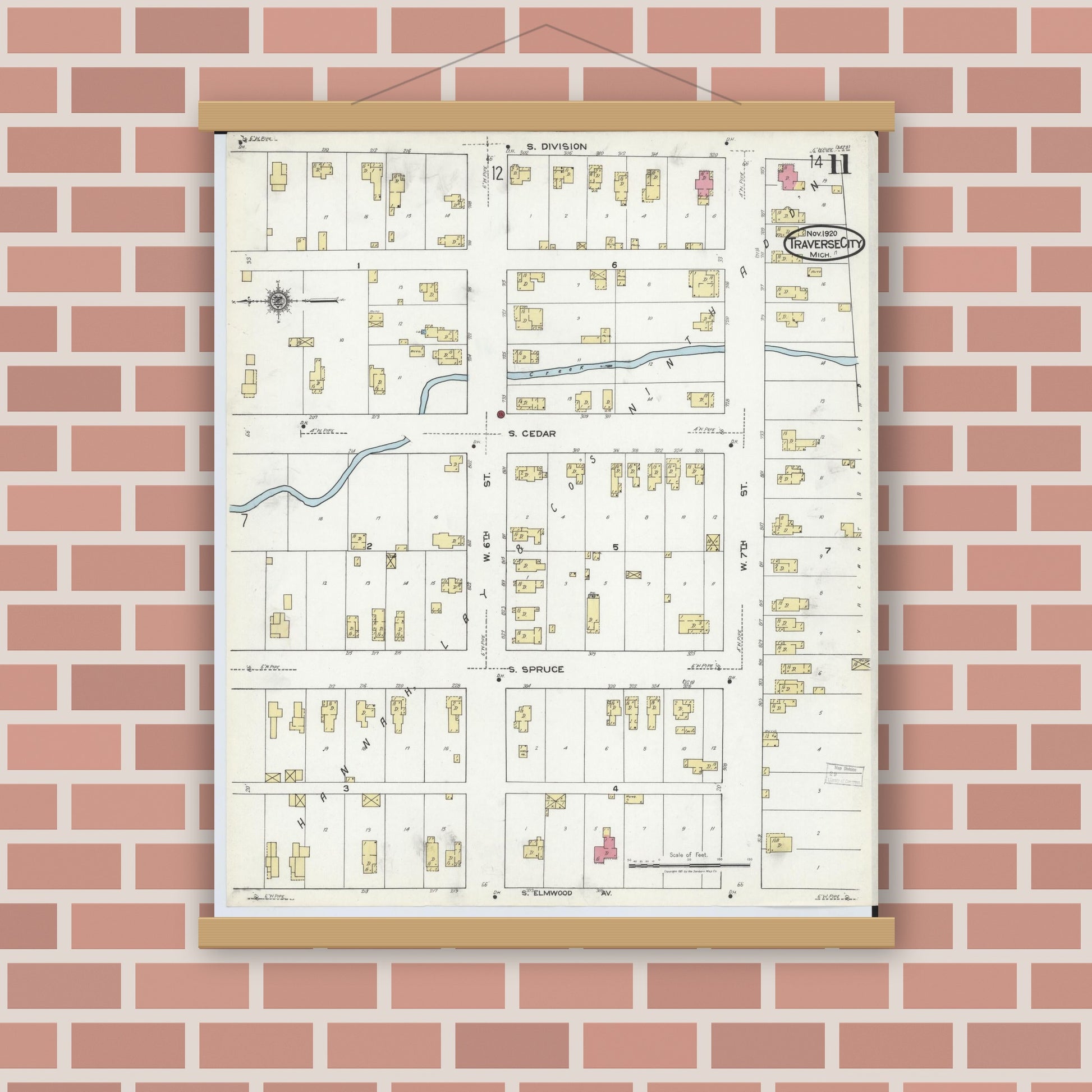Old map wall art mockup — magnetic wood frame on brick wall — Sanborn Fire Insurance Map from Traverse City, Grand Traverse County, Michigan (1920), Sheet #0011