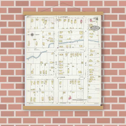 Old map wall art mockup — magnetic wood frame on brick wall — Sanborn Fire Insurance Map from Traverse City, Grand Traverse County, Michigan (1920), Sheet #0011