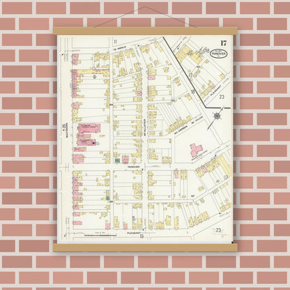 Old map wall art mockup — magnetic wood frame on brick wall — Sanborn Fire Insurance Map from Hanover, York County, Pennsylvania (1909), Sheet #0017
