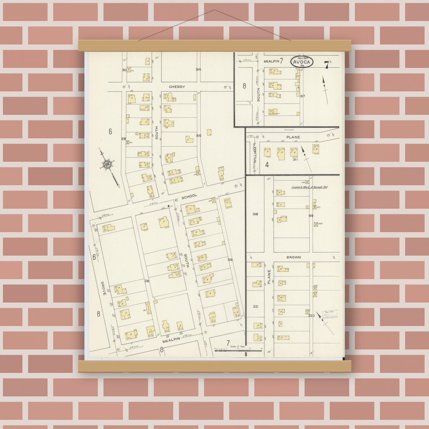 Old map wall art mockup — magnetic wood frame on brick wall — Sanborn Fire Insurance Map from Avoca, Luzerne County, Pennsylvania (1913), Sheet #0007