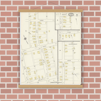 Old map wall art mockup — magnetic wood frame on brick wall — Sanborn Fire Insurance Map from Avoca, Luzerne County, Pennsylvania (1913), Sheet #0007