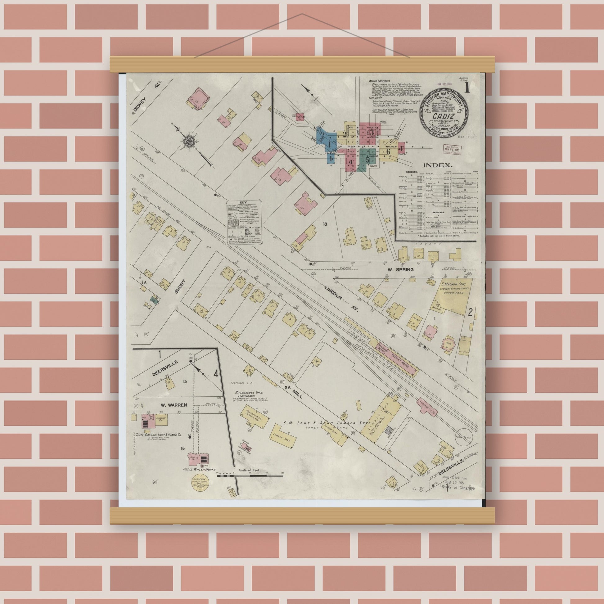 Old map wall art mockup — magnetic wood frame on brick wall — Sanborn Fire Insurance Map from Cadiz, Harrison County, Ohio (1909) - Complete Map Set