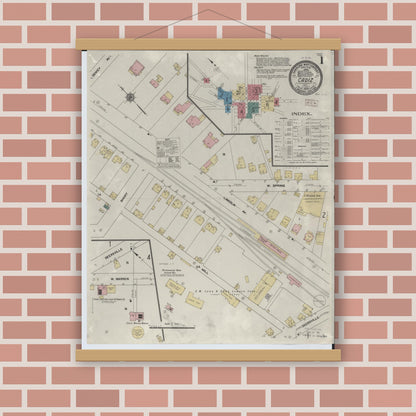 Old map wall art mockup — magnetic wood frame on brick wall — Sanborn Fire Insurance Map from Cadiz, Harrison County, Ohio (1909) - Complete Map Set