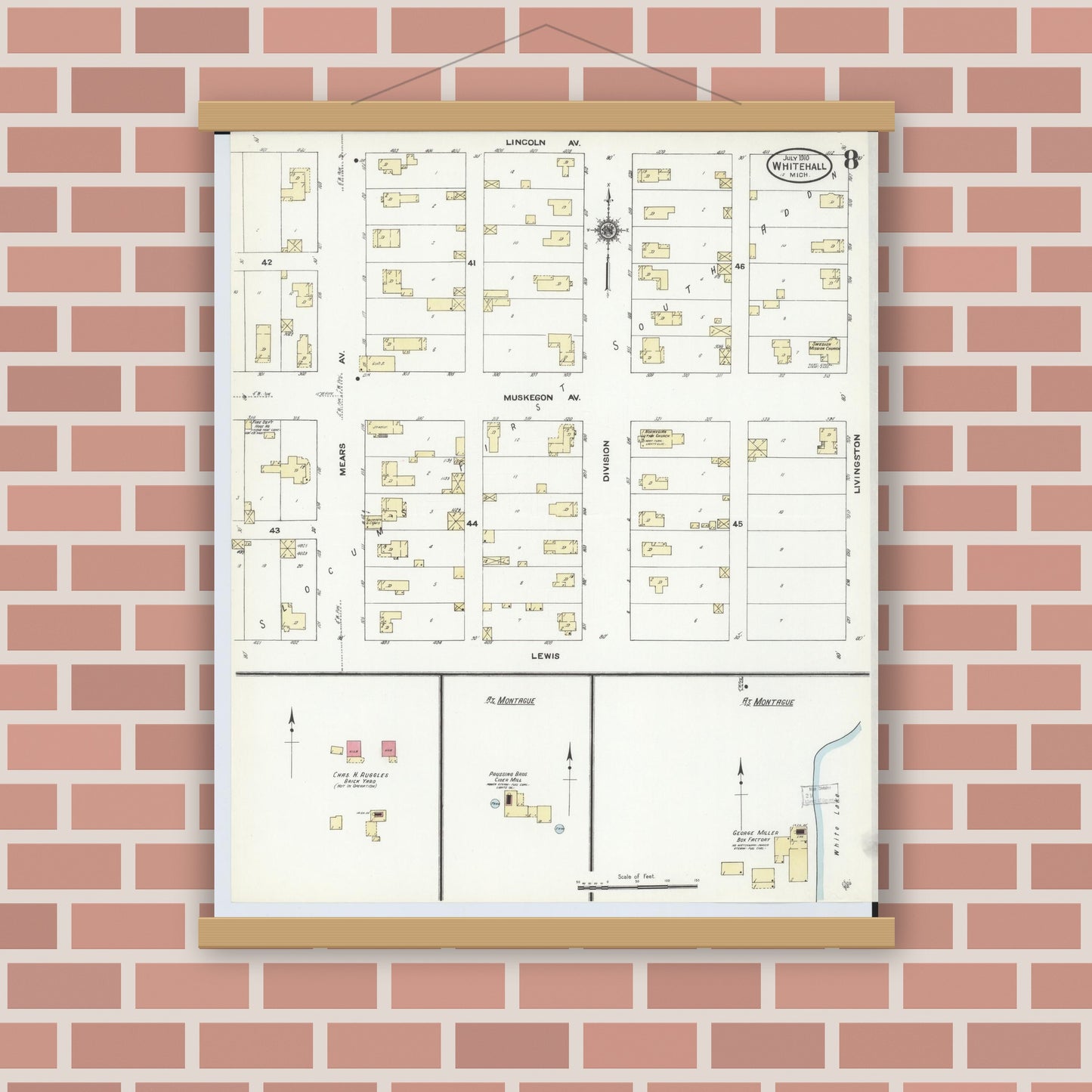 Old map wall art mockup — magnetic wood frame on brick wall — Sanborn Fire Insurance Map from Whitehall, Muskegon County, Michigan (1910), Sheet #0008