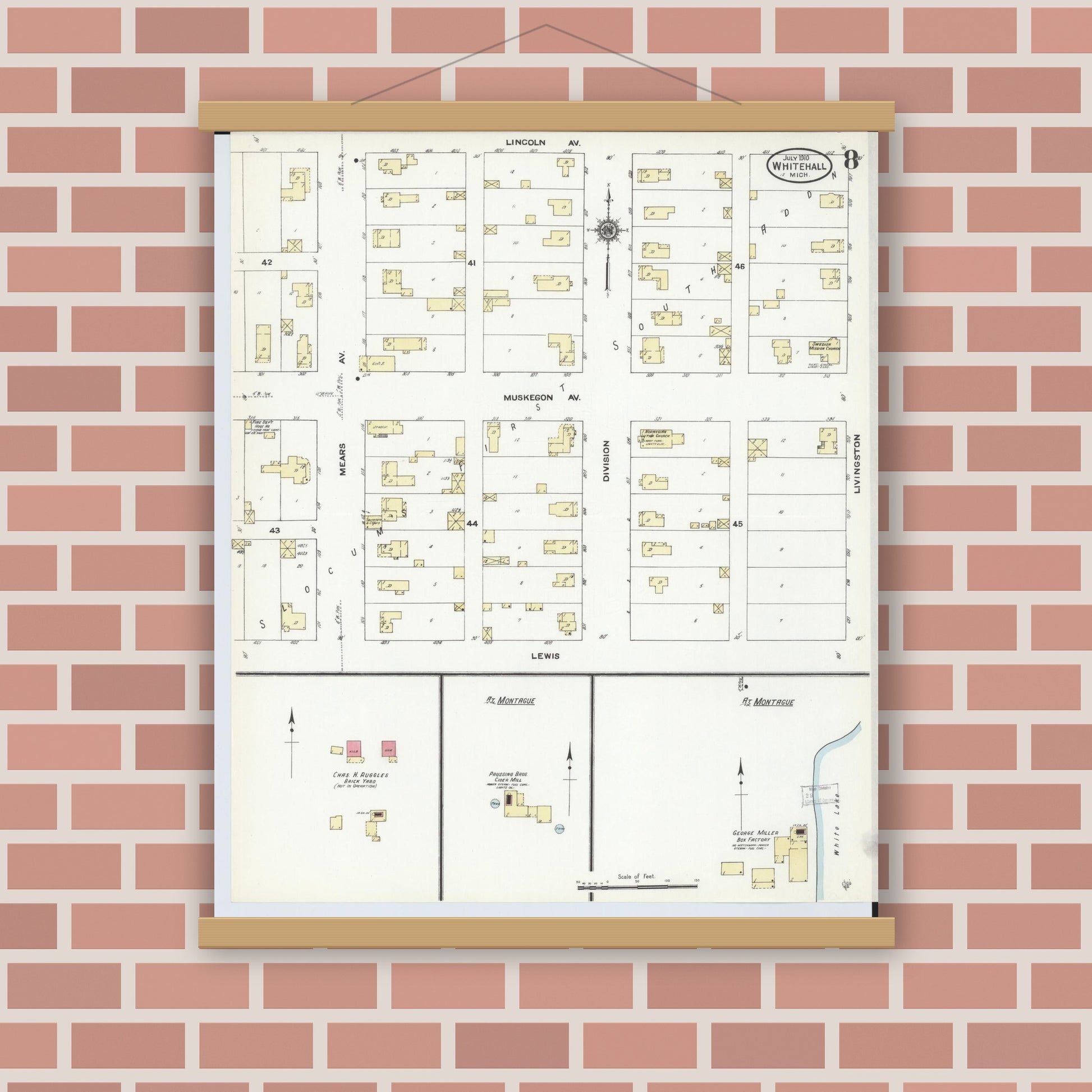 Old map wall art mockup — magnetic wood frame on brick wall — Sanborn Fire Insurance Map from Whitehall, Muskegon County, Michigan (1910), Sheet #0008