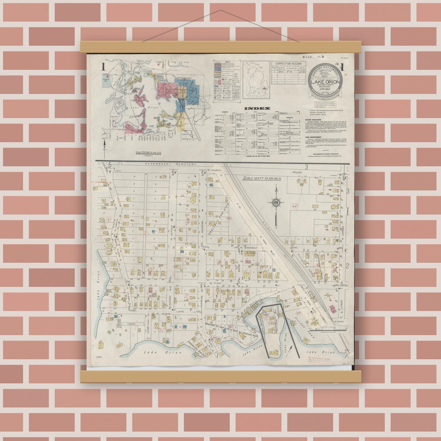 Old map wall art mockup — magnetic wood frame on brick wall — Sanborn Fire Insurance Map from Lake Orion, Oakland County, Michigan (1943) - Complete Map Set