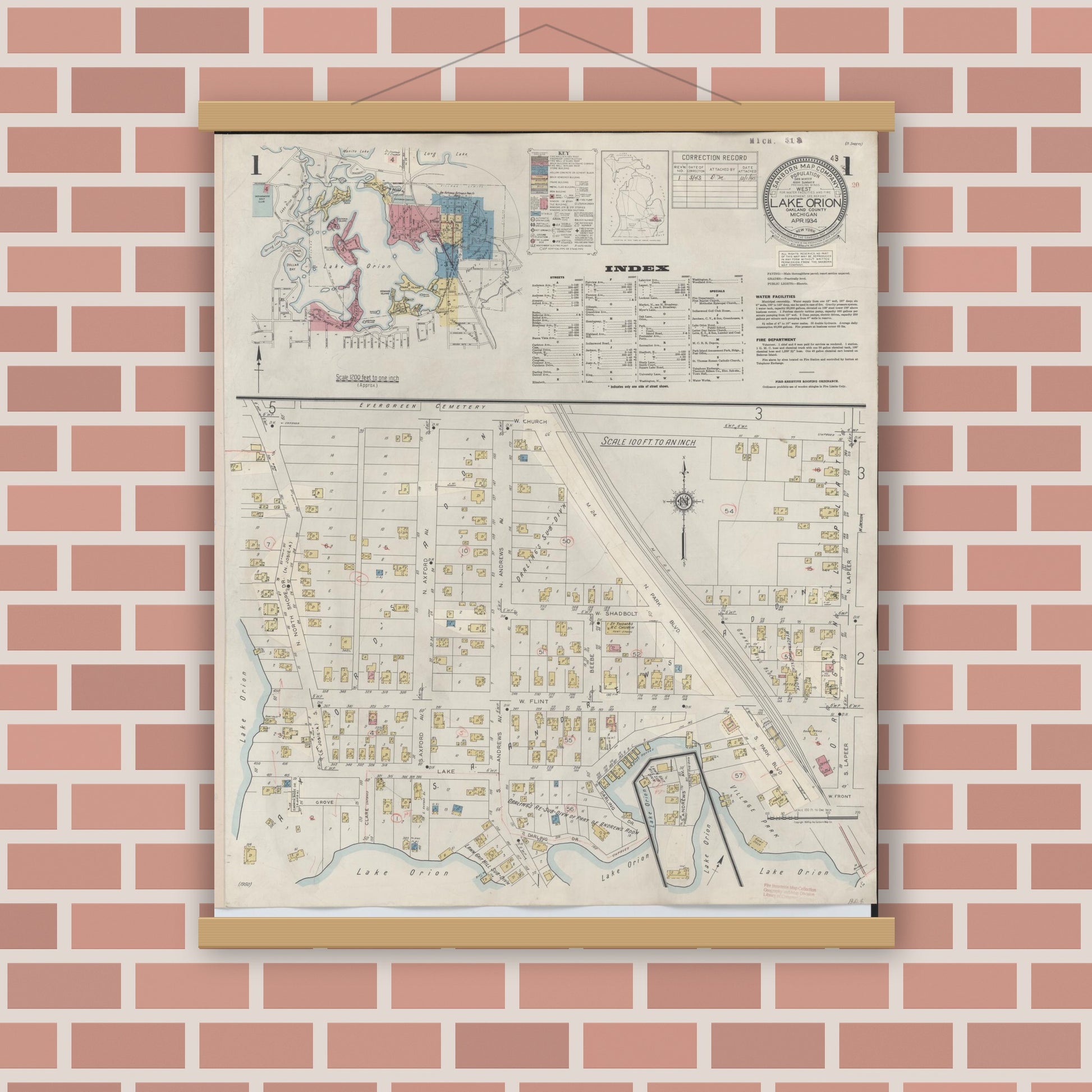 Old map wall art mockup — magnetic wood frame on brick wall — Sanborn Fire Insurance Map from Lake Orion, Oakland County, Michigan (1943) - Complete Map Set