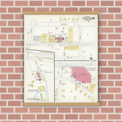 Old map wall art mockup — magnetic wood frame on brick wall — Sanborn Fire Insurance Map from Henderson, Vance County, North Carolina (1917), Sheet #0010