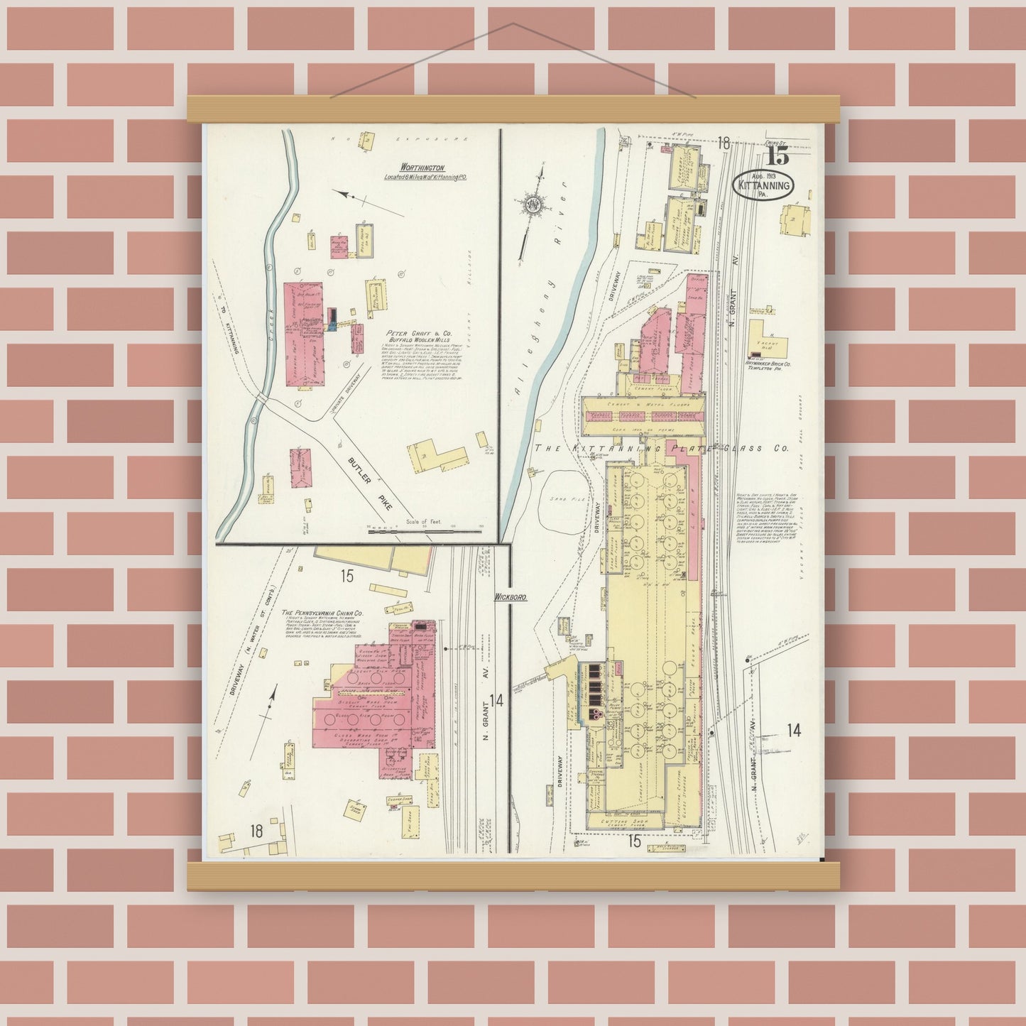 Old map wall art mockup — magnetic wood frame on brick wall — Sanborn Fire Insurance Map from Kittanning, Armstrong County, Pennsylvania (1913), Sheet #0015