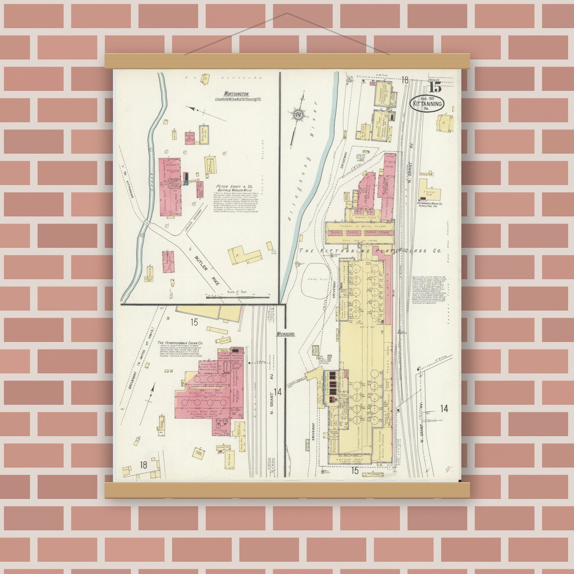 Old map wall art mockup — magnetic wood frame on brick wall — Sanborn Fire Insurance Map from Kittanning, Armstrong County, Pennsylvania (1913), Sheet #0015