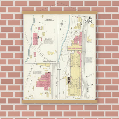 Old map wall art mockup — magnetic wood frame on brick wall — Sanborn Fire Insurance Map from Kittanning, Armstrong County, Pennsylvania (1913), Sheet #0015