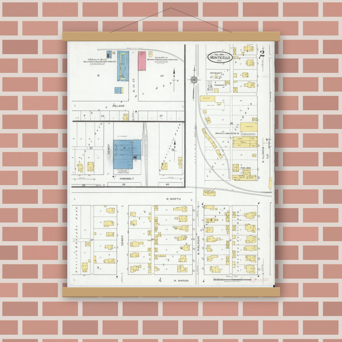 Old map wall art mockup — magnetic wood frame on brick wall — Sanborn Fire Insurance Map from Monticello, White County, Indiana (1919), Sheet #0002