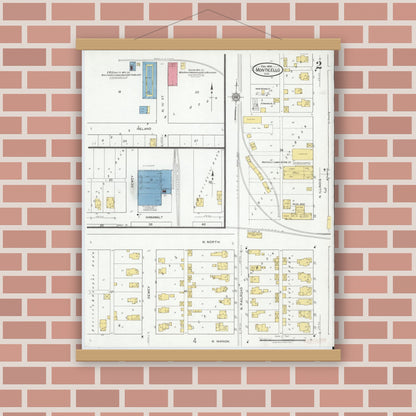 Old map wall art mockup — magnetic wood frame on brick wall — Sanborn Fire Insurance Map from Monticello, White County, Indiana (1919), Sheet #0002