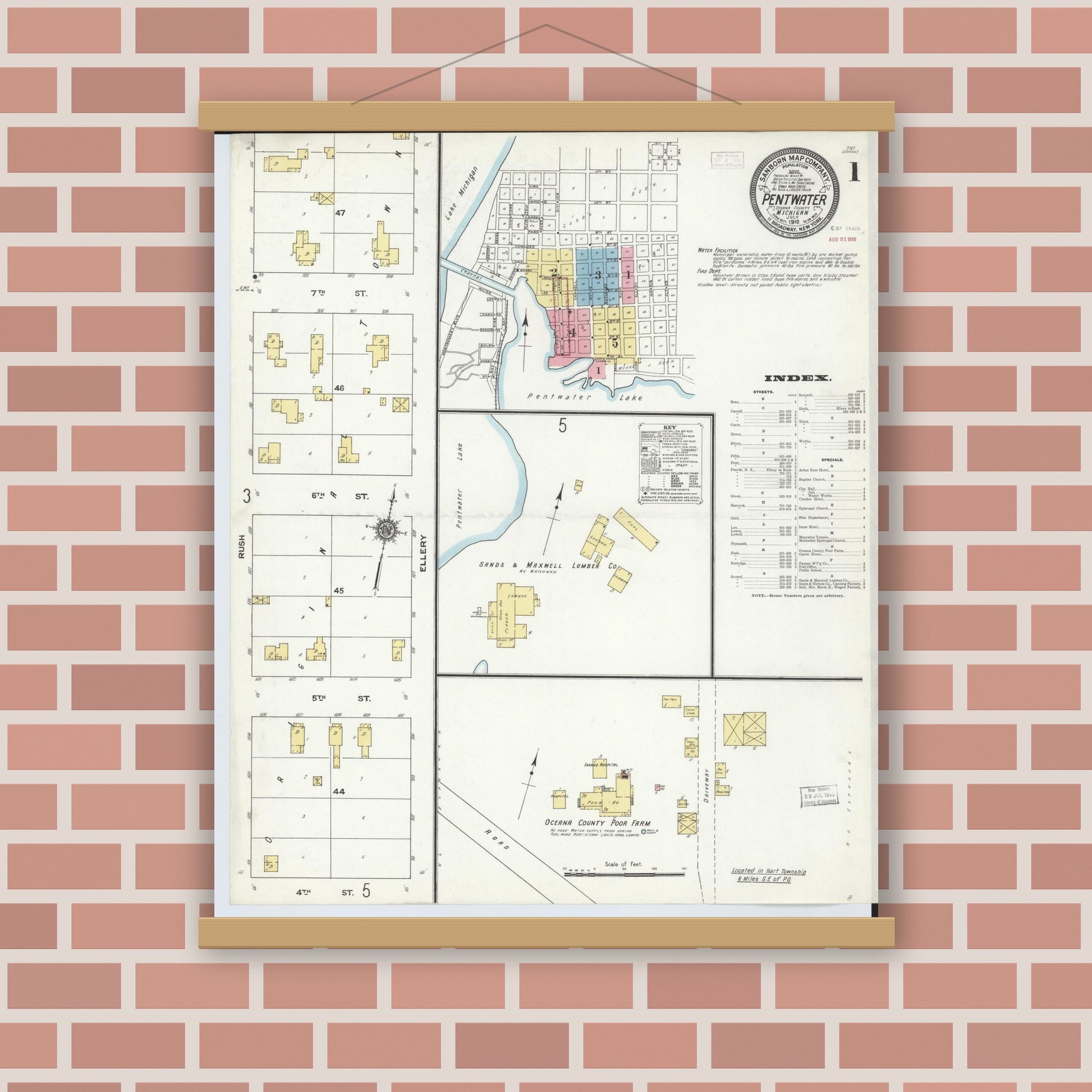 Old map wall art mockup — magnetic wood frame on brick wall — Sanborn Fire Insurance Map from Pentwater, Oceana County, Michigan (1910) - Complete Map Set