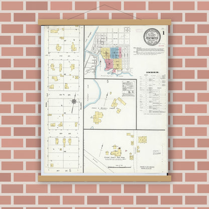 Old map wall art mockup — magnetic wood frame on brick wall — Sanborn Fire Insurance Map from Pentwater, Oceana County, Michigan (1910) - Complete Map Set